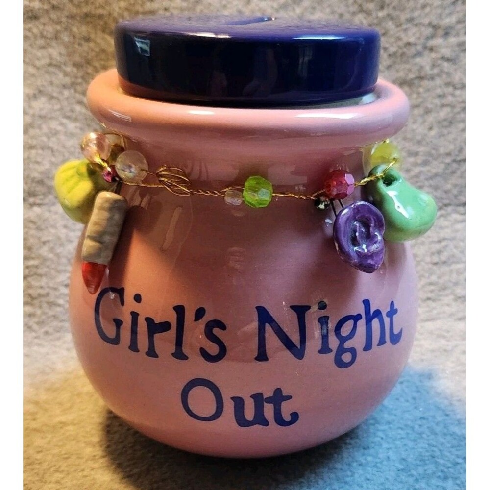 Girls night out ceramic money bank jar, pink and purple, lipstick charms